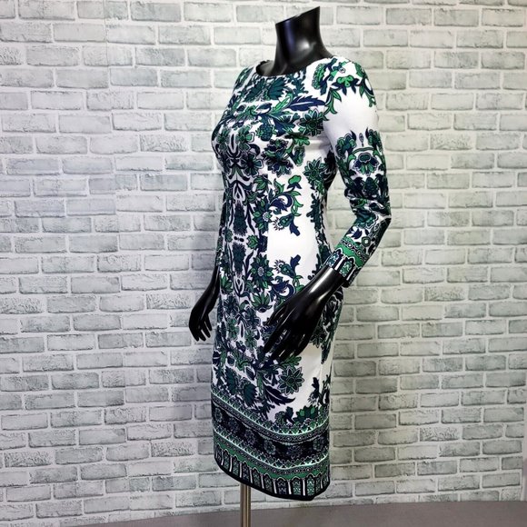 Eliza J Womens 4 Blue Green Paisley 3/4 Sleeve Crew Neck Sheath Dress - Picture 5 of 9